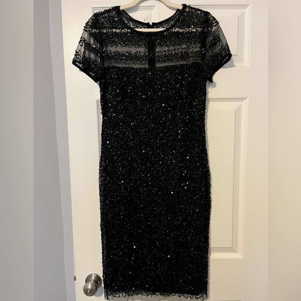 Adrianna Papell Black Sequin Beaded Sheath Dress Short Sleeve Knee Length